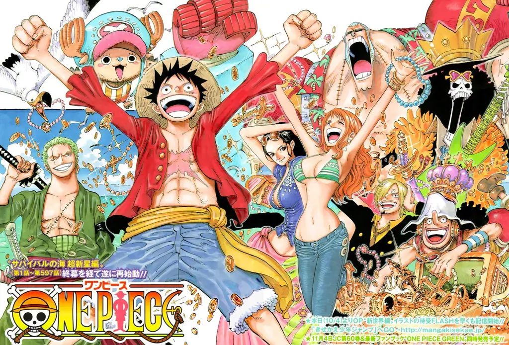 Rayakan petualangan One Piece dengan cara yang tepat Gambar Luffy dan kru Topi Jerami merayakan kemenangan