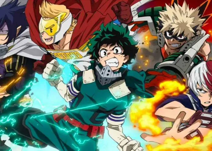 Adegan pertarungan yang spektakuler dalam My Hero Academia Gambar adegan aksi yang menegangkan dalam My Hero Academia