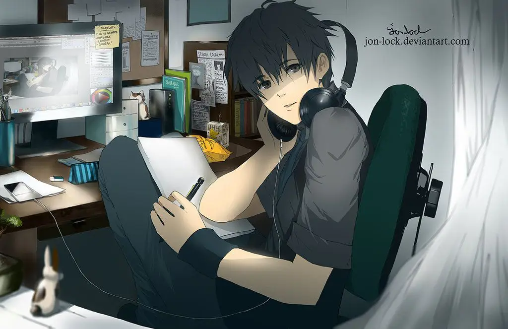 Menonton anime dengan nyaman Gambar seseorang menonton anime di laptop