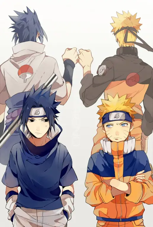 Persahabatan Naruto dan Sasuke Naruto dan Sasuke berlatih bersama, menggambarkan persahabatan mereka yang kuat